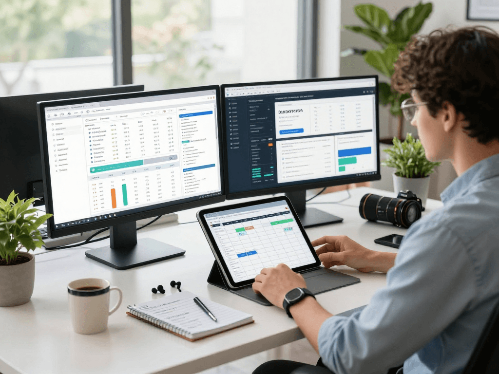 Marketing digital multicanais em ambiente de trabalho moderno com análises e estratégias.