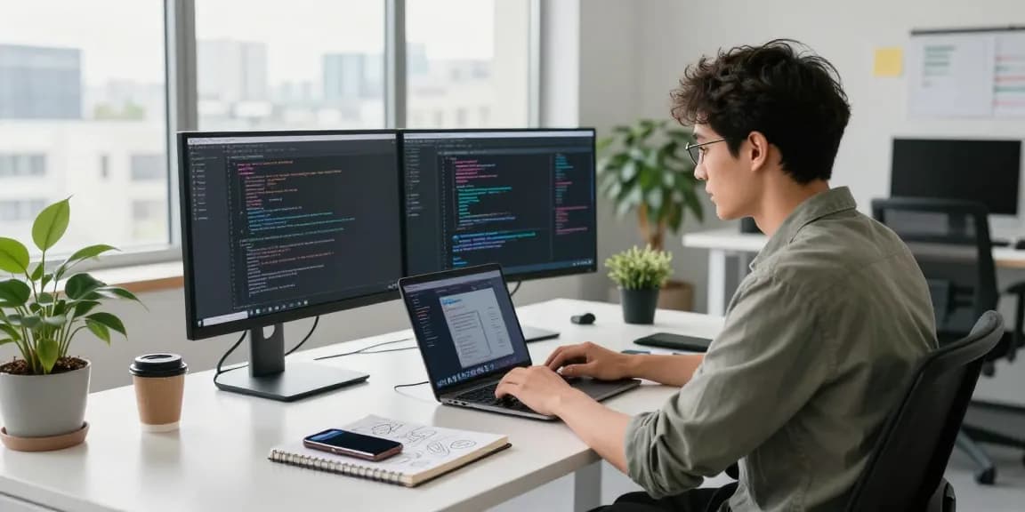 Download WPS Office in a modern tech workspace with a developer coding at dual monitors in a minimalist office.
