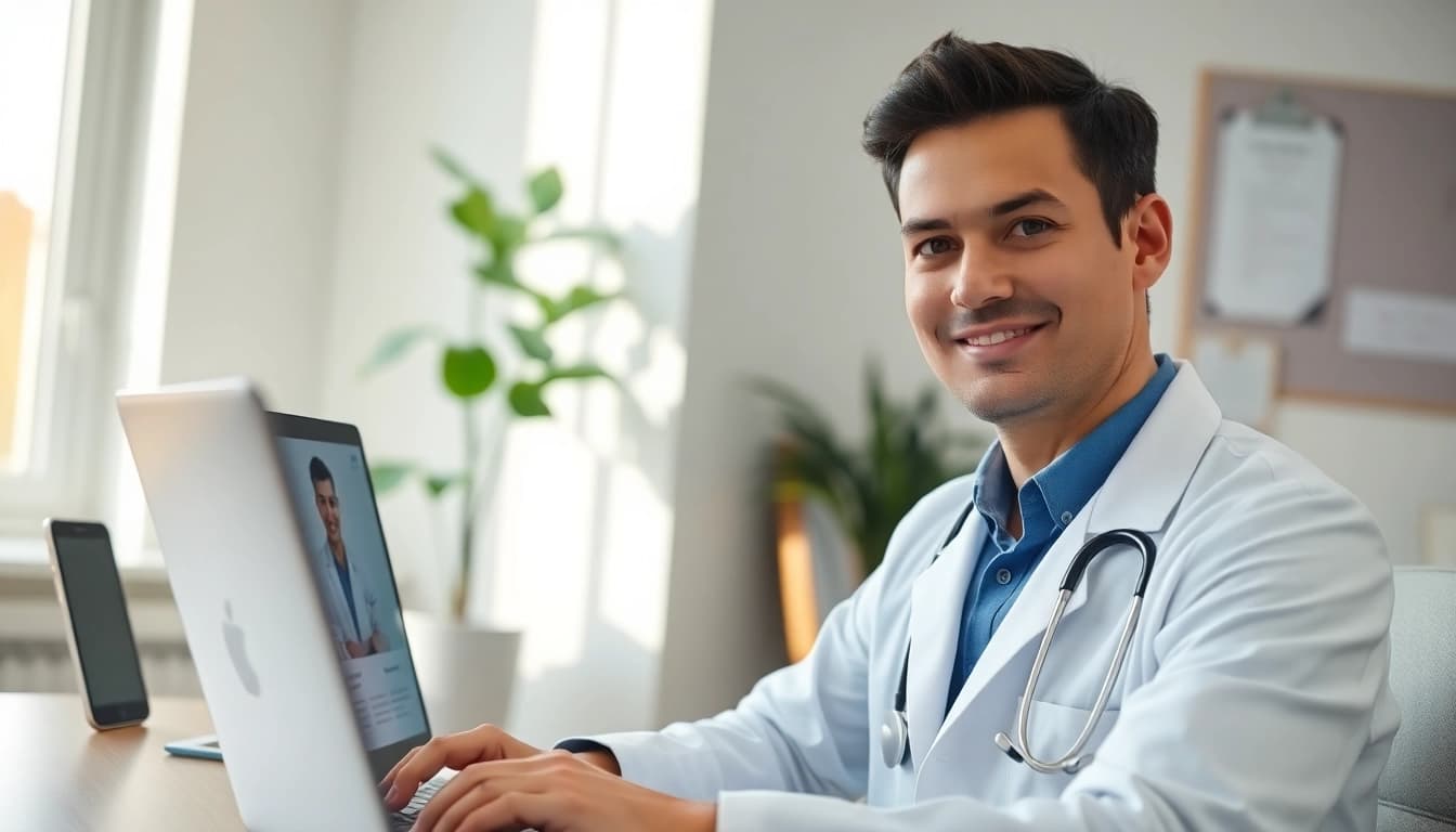 Talk to a doctor online without appointment, healthcare professional consulting patiently with a laptop.