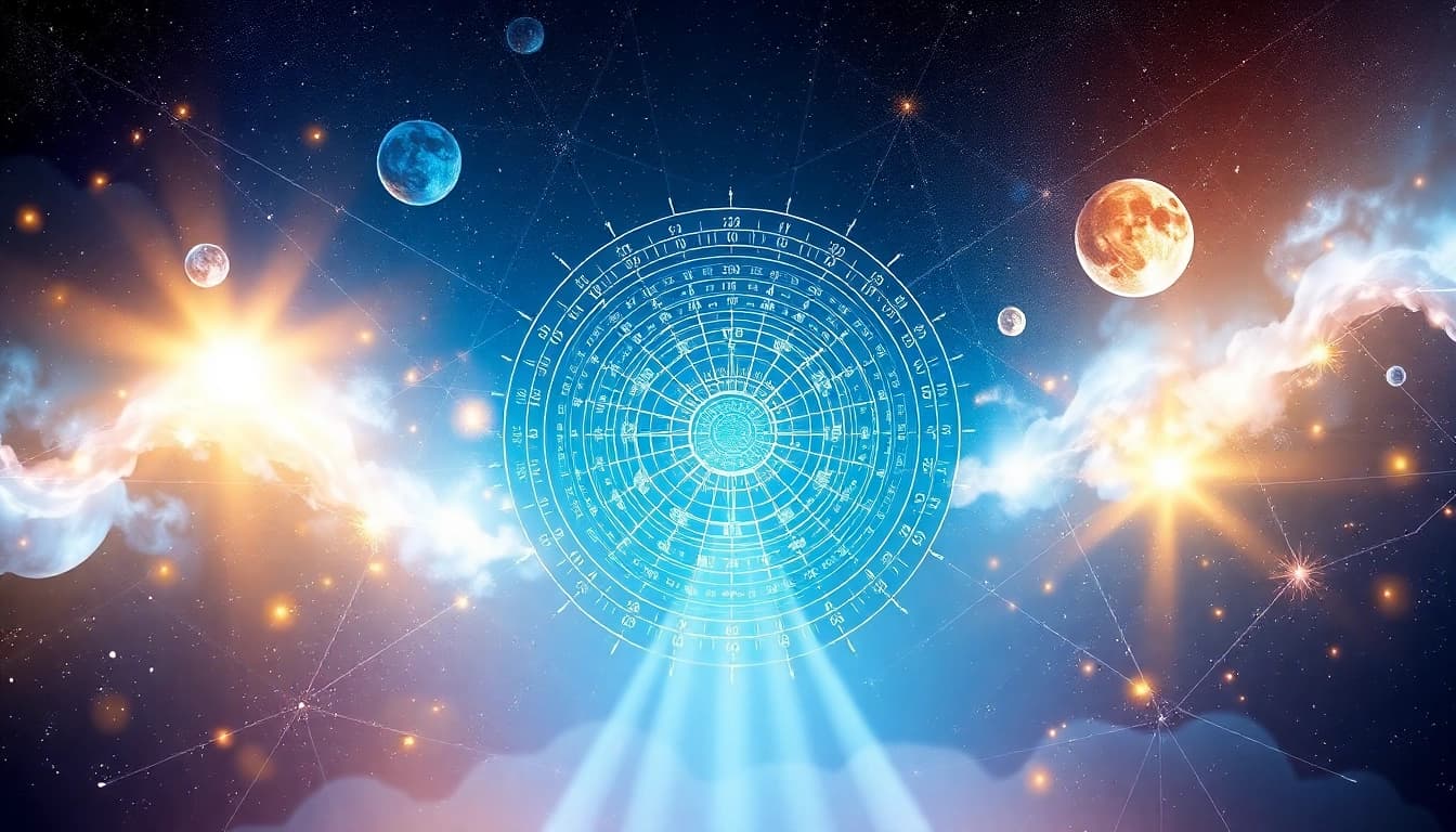 Visual representation of the destiny matrix, showcasing a celestial chart filled with cosmic elements.