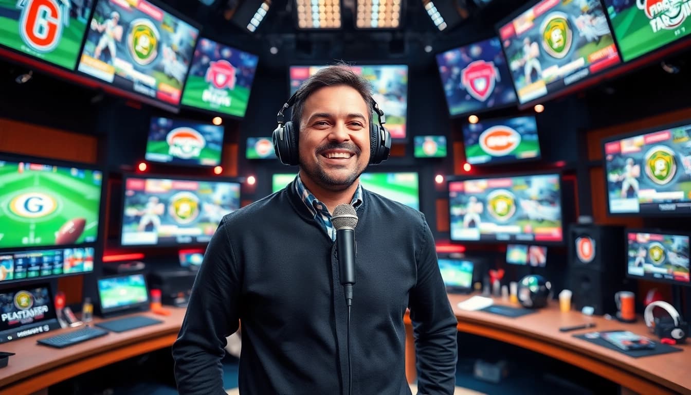 Engaging sports broadcasting scene showcasing a lively host in a vibrant studio.