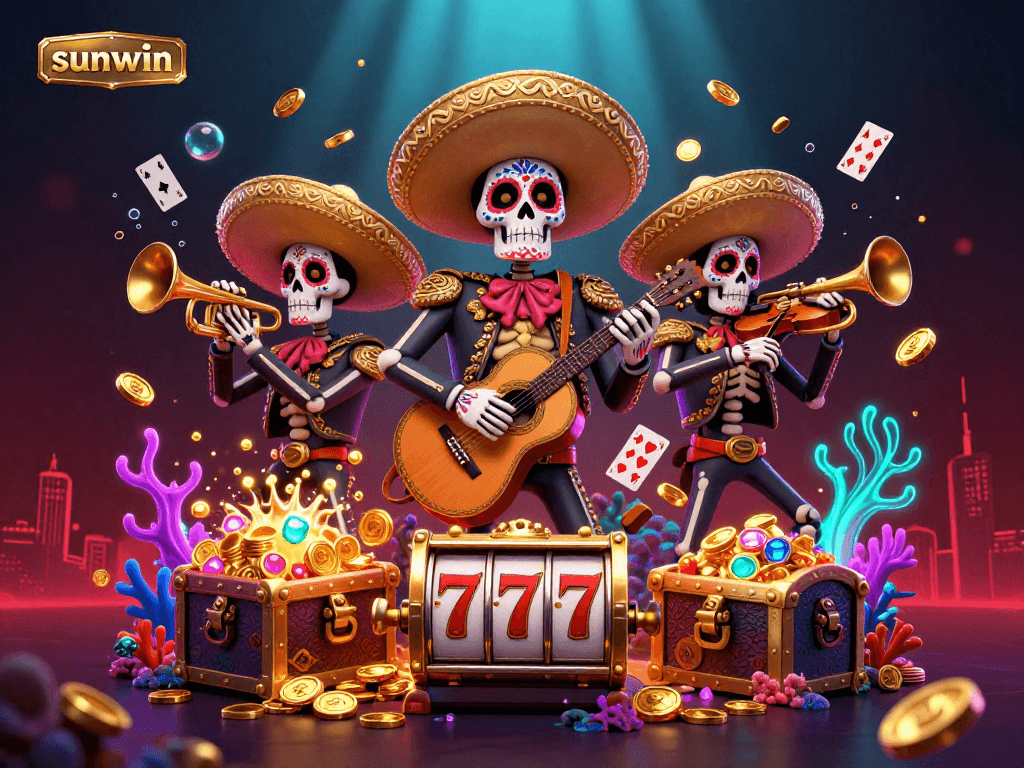 Experience the vibrant thrill of sunwin gaming with a lively mariachi band and cascading slot symbols.