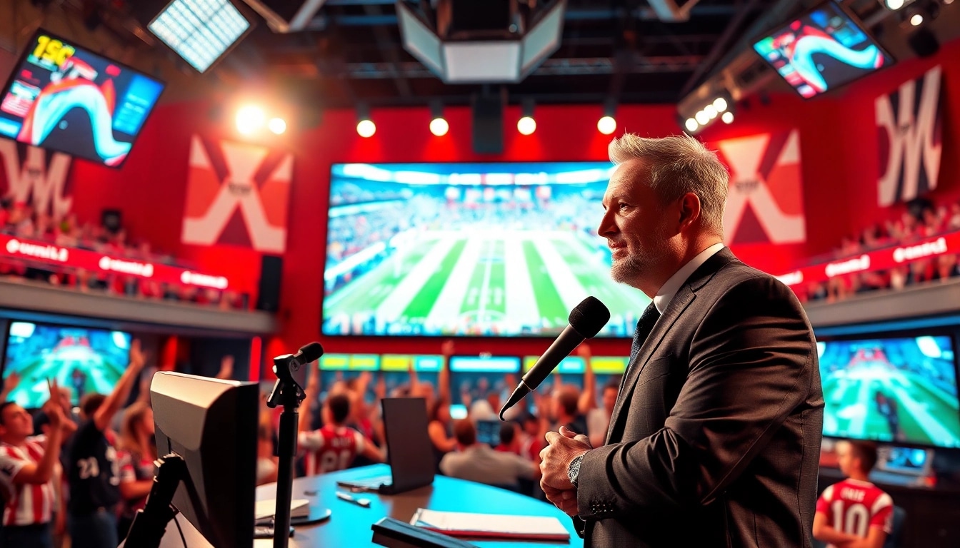 Engaging broadcaster presenting live Sports Broadcasting in a vibrant studio setting.
