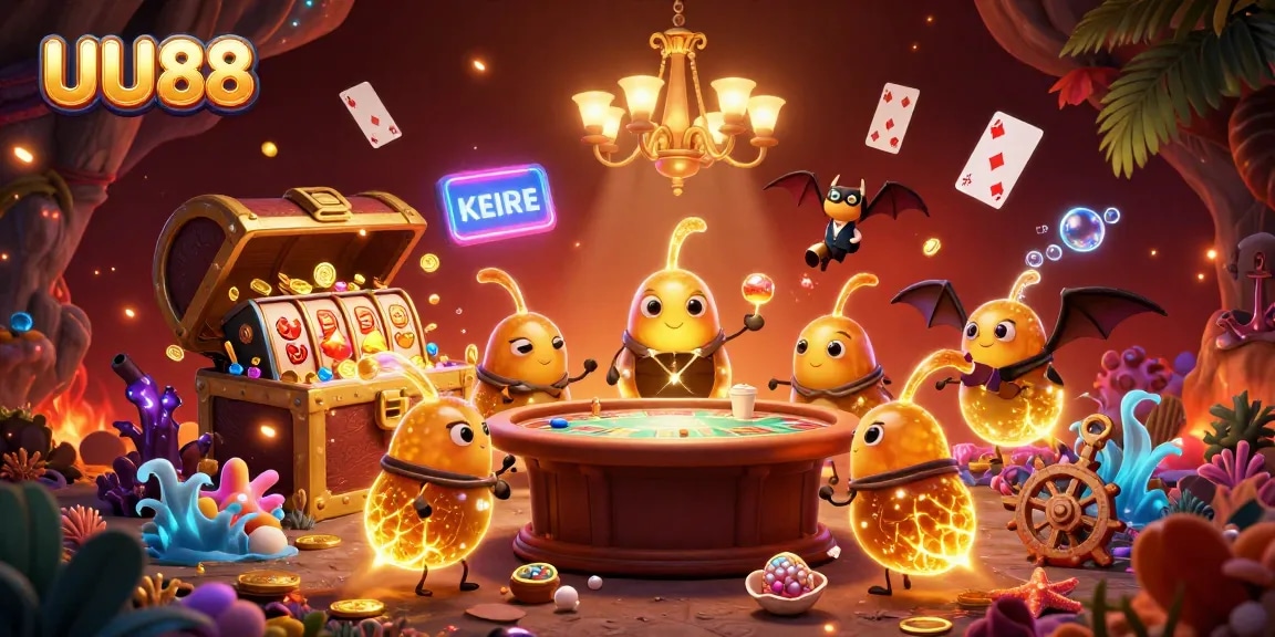 Join UU88 in a vibrant 3D casino scene featuring glowing worms and lively game elements.