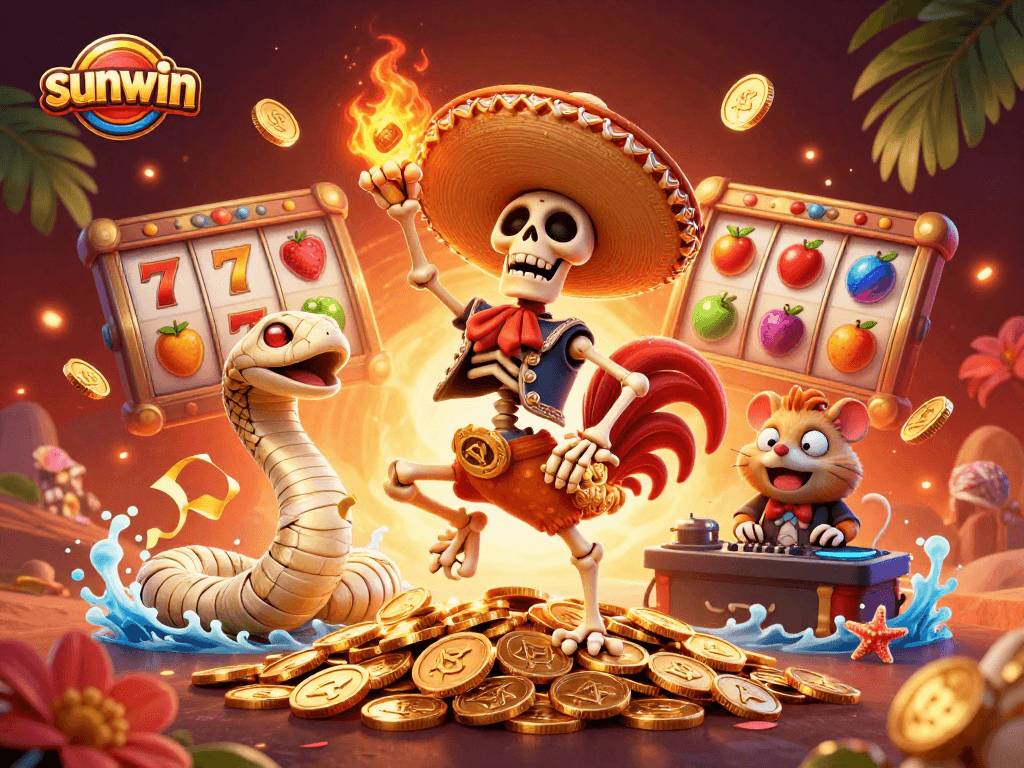 Experience thrilling slot action with sunwin featuring a lively mariachi rooster and gold coins.