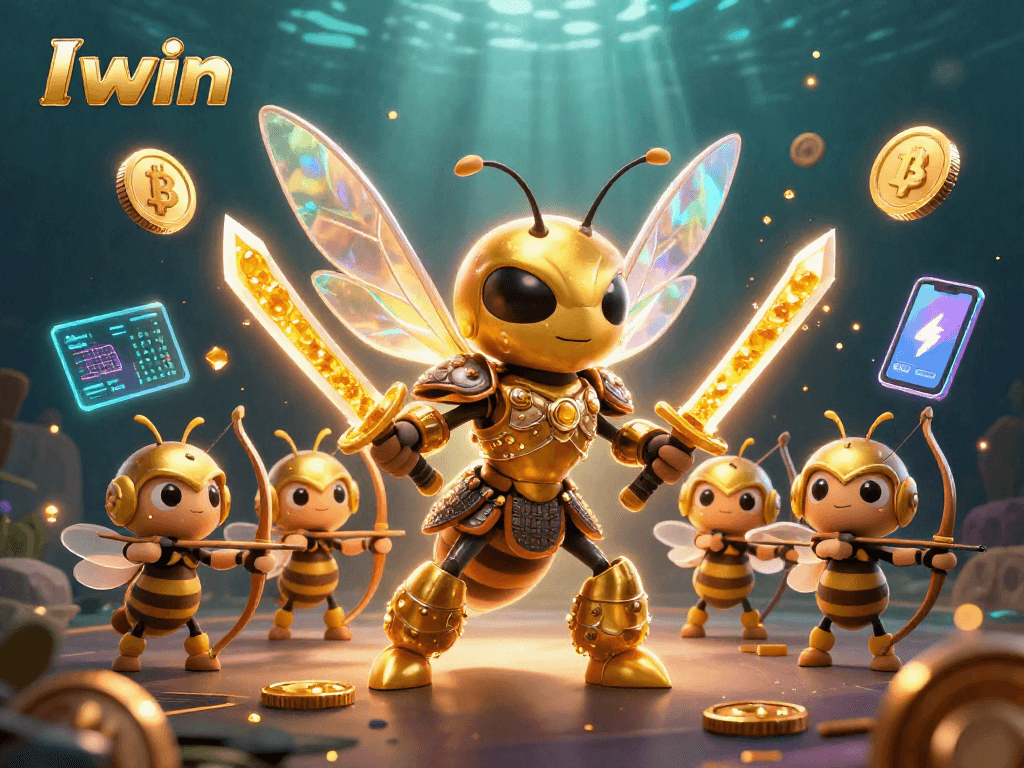 Iwin gaming scene with a giant samurai hornet and bee archers in a crypto casino.