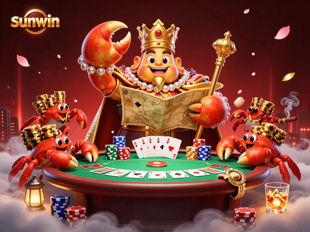 Play poker at sunwin with a cartoon crab emperor guiding players to winning strategies.