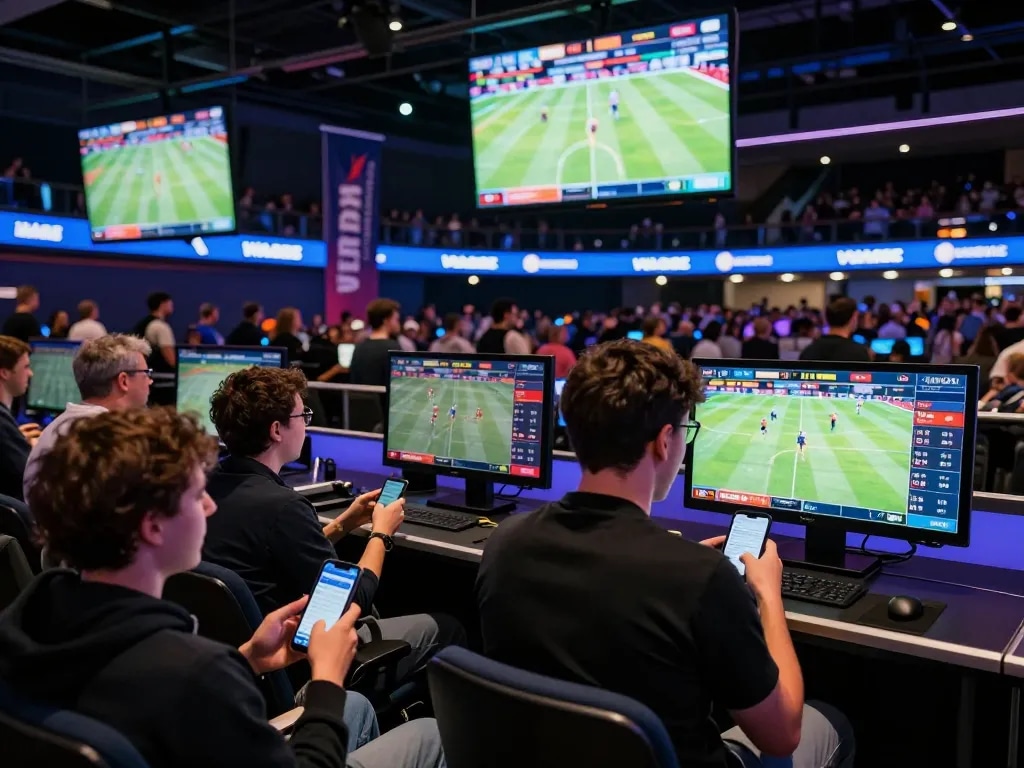 vin88 users actively placing bets in a lively sports arena with excited fans and large screens.