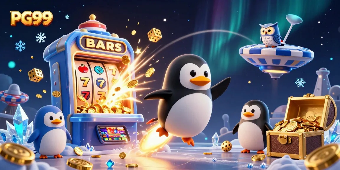 Experience thrilling gameplay at PG99 with a 3D illustration of a penguin in a casino adventure.