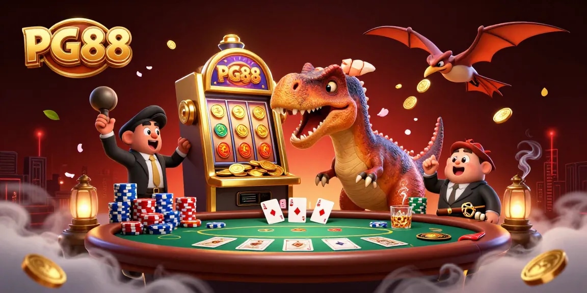 PG88 celebrates a jackpot moment with a pachycephalosaurus and friends in a vibrant casino scene.