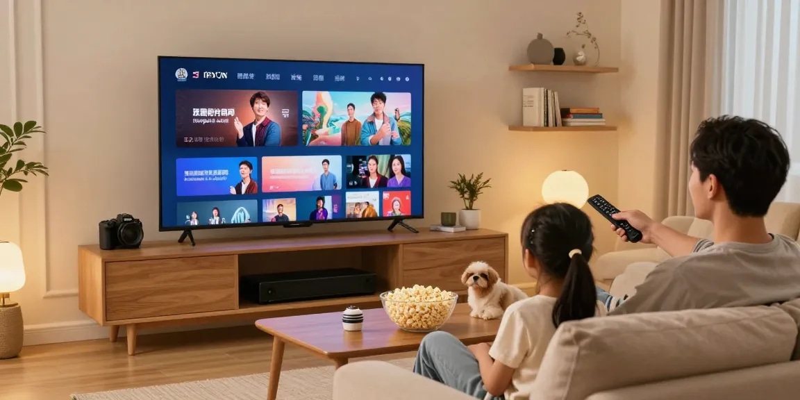 Família desfrutando de IPTV na sala de estar, com televisão e ambiente acolhedor.