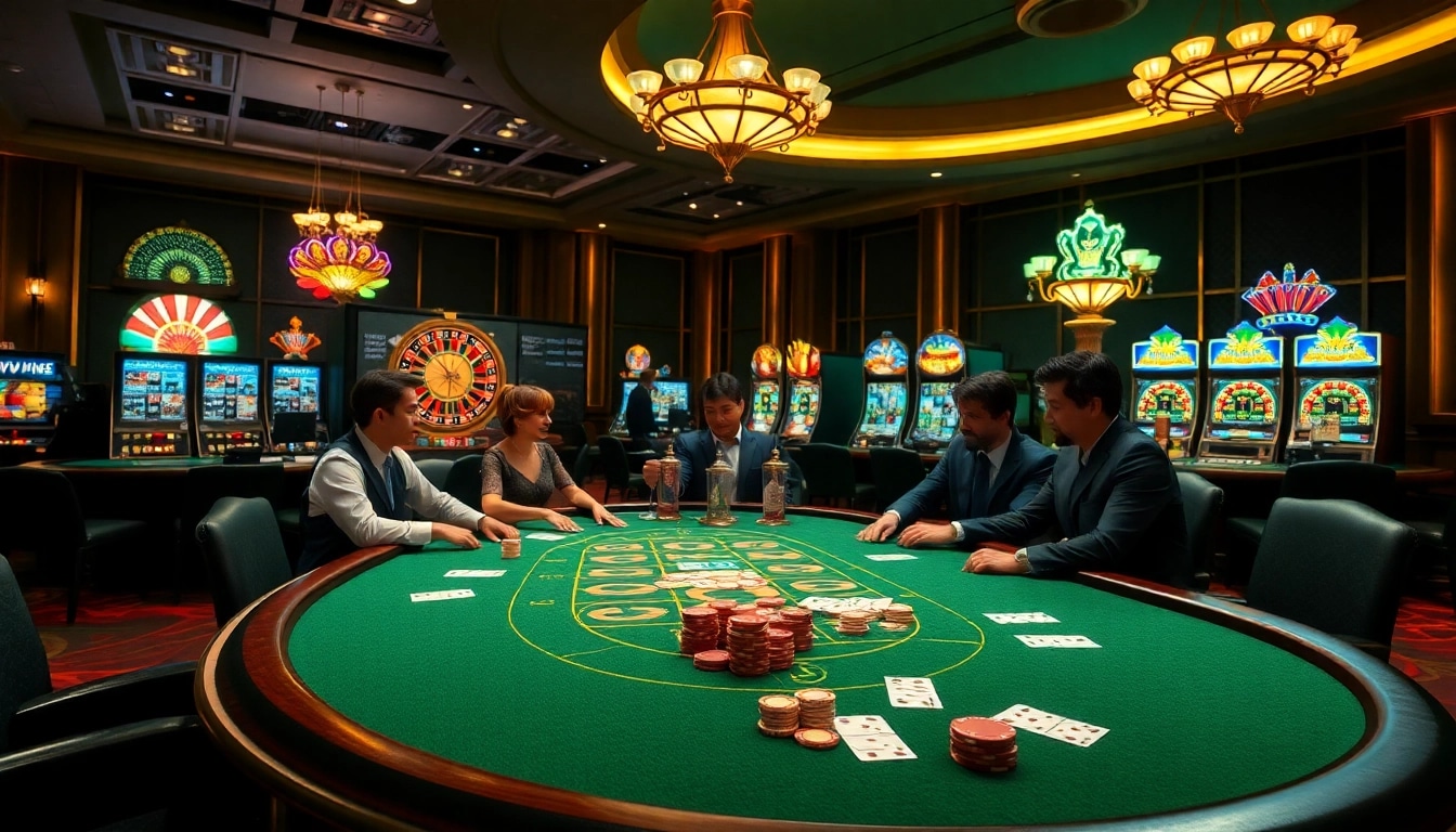 High-stakes poker atmosphere at NK88, featuring elegant tables and vibrant slot machines.