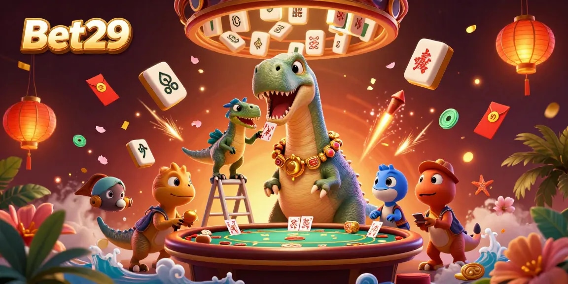Experience the excitement of Bet29 with vibrant casino elements and a whimsical dinosaur scene.