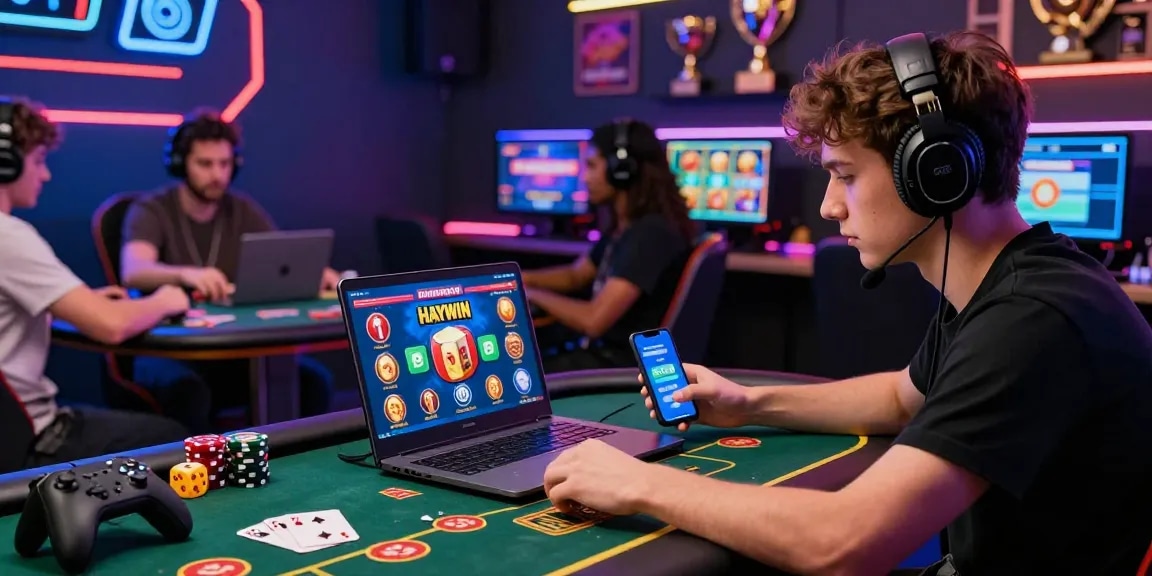 Players experiencing HAYWIN's online gaming with engaging poker matches and vibrant digital game icons.