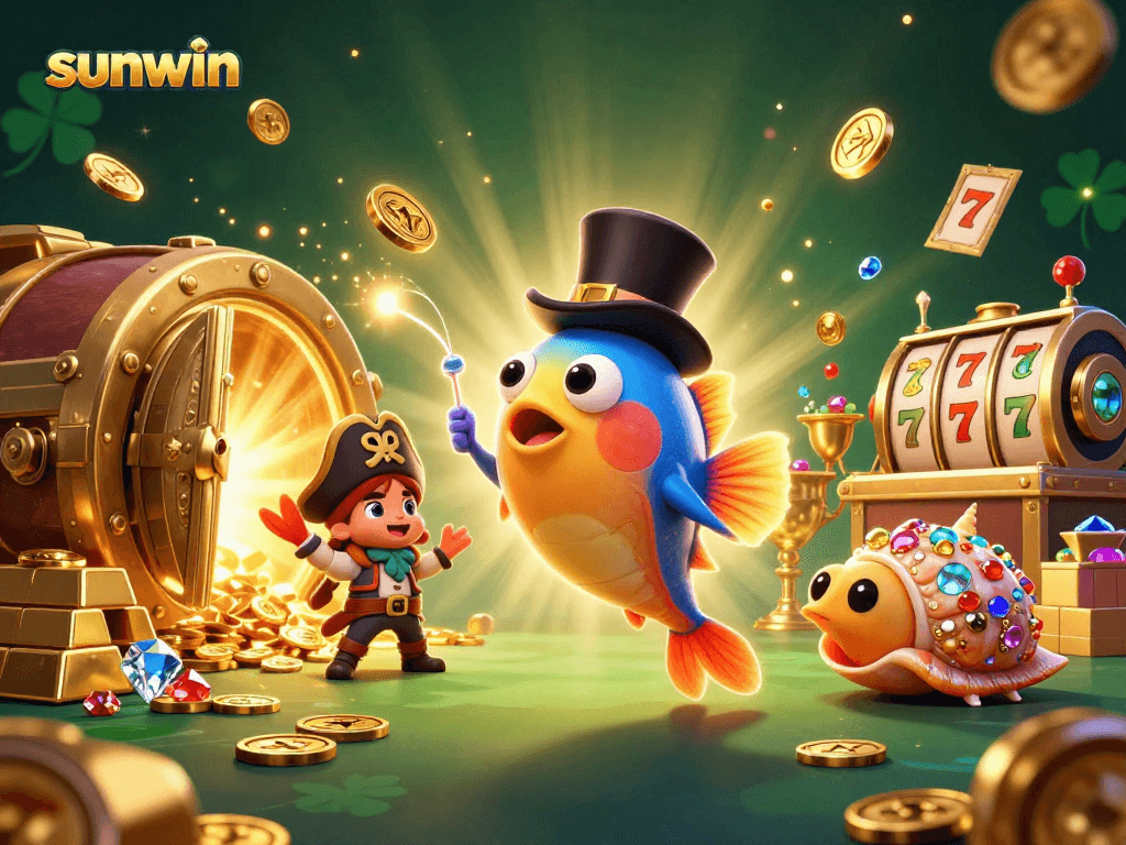 Enhance your gaming experience with sunwin as an anglerfish attracts coins in a vibrant 3D casino scene.