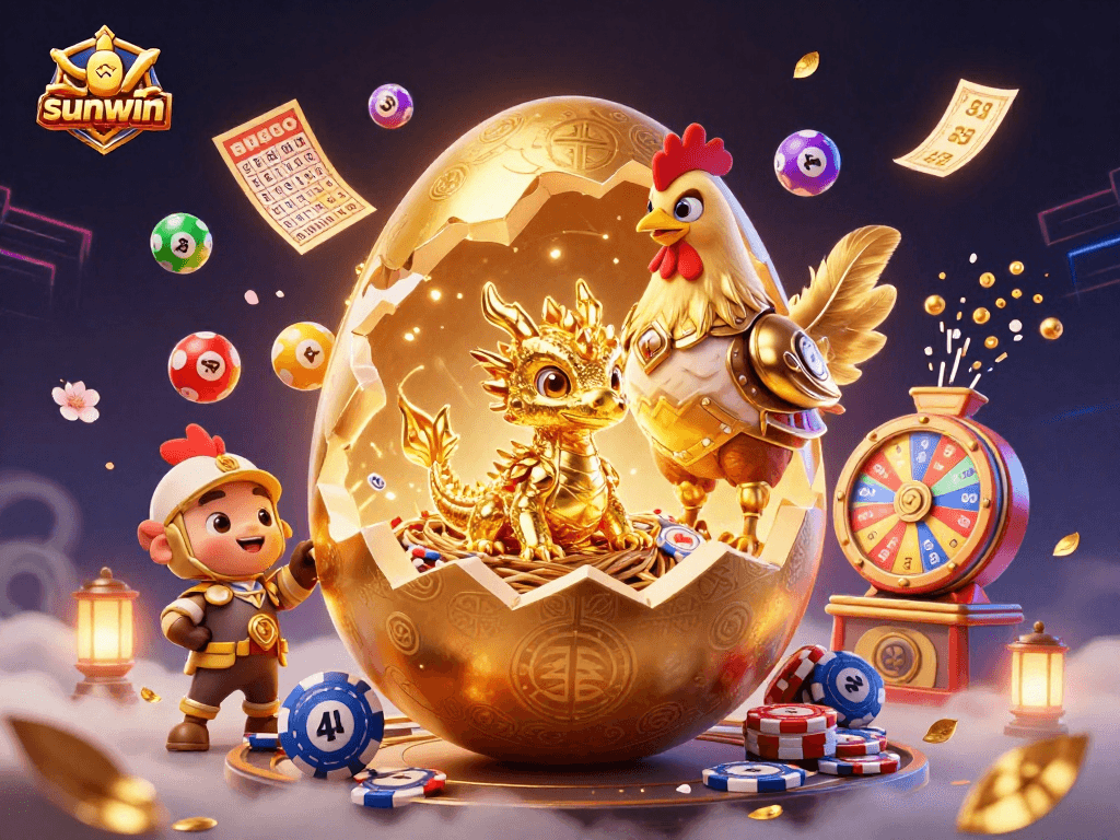 Join in the excitement of sunwin with this dynamic 3D casino scene showcasing golden treasures and vibrant lottery balls.
