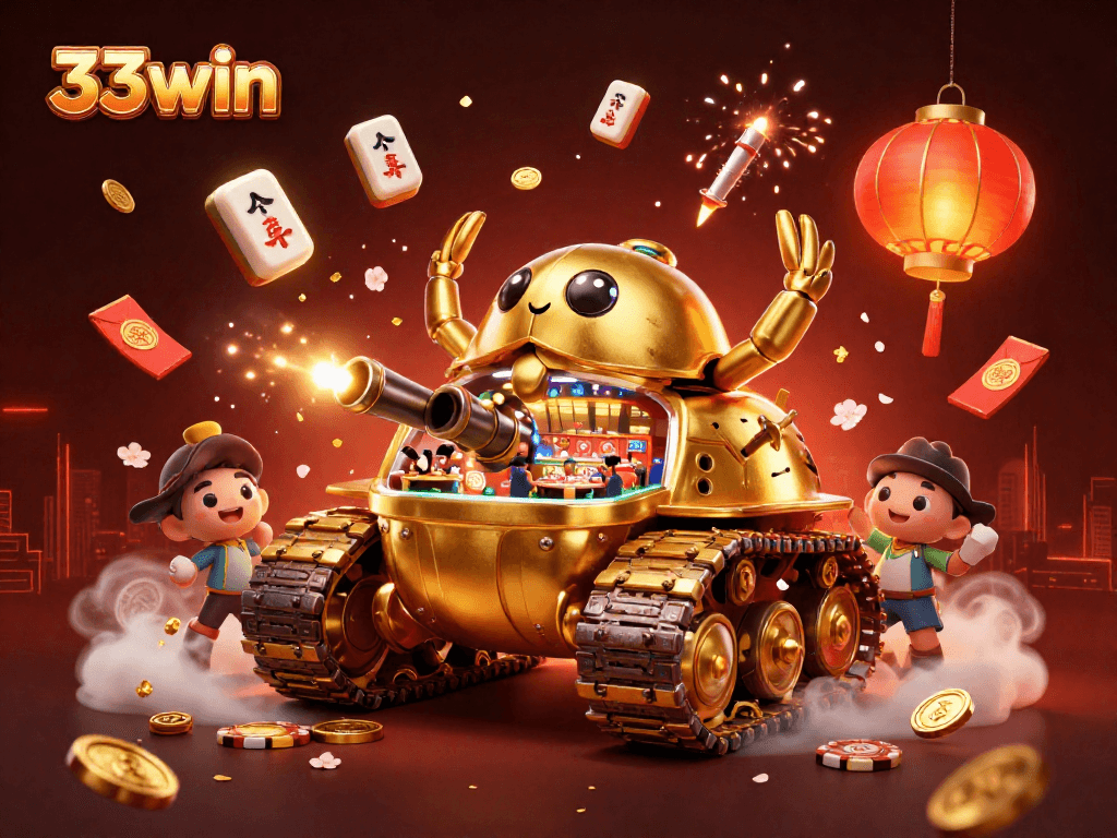Play 33win at a vibrant, animated miniature casino with gold accents and festive elements.