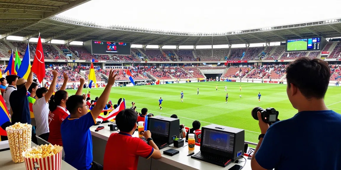 Exciting outdoor scene at a football stadium with fans cheering and live game action, showcasing multicanais streaming experience.