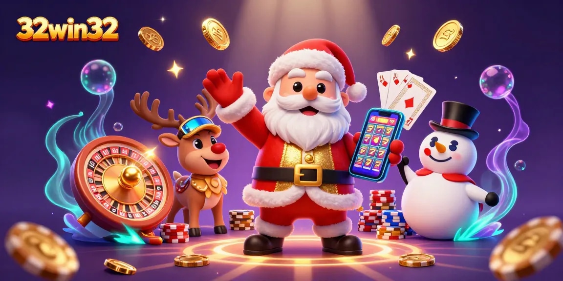 Win big with 32win32 at an exciting casino featuring Santa, a reindeer dealer, and a chip-hat snowman.