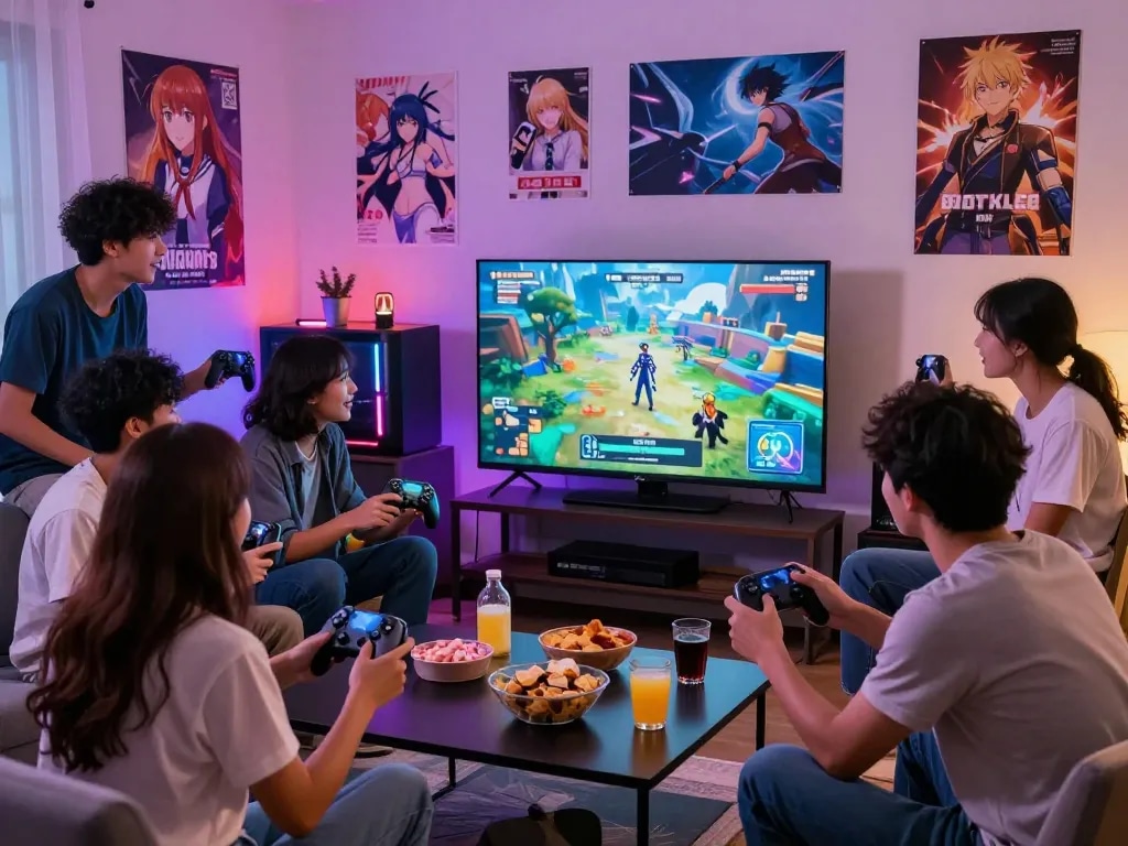 Diverse friends having fun playing an adult game together in a cozy gaming room, showcasing vibrant atmosphere and engagement.