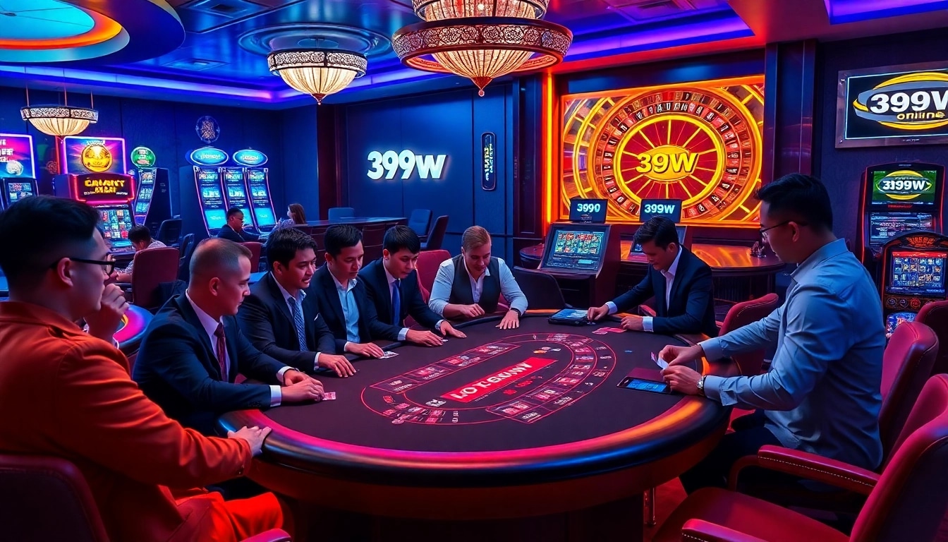 Players enjoying a blackjack game at 399w, showcasing chips and cards in a luxury casino setting.