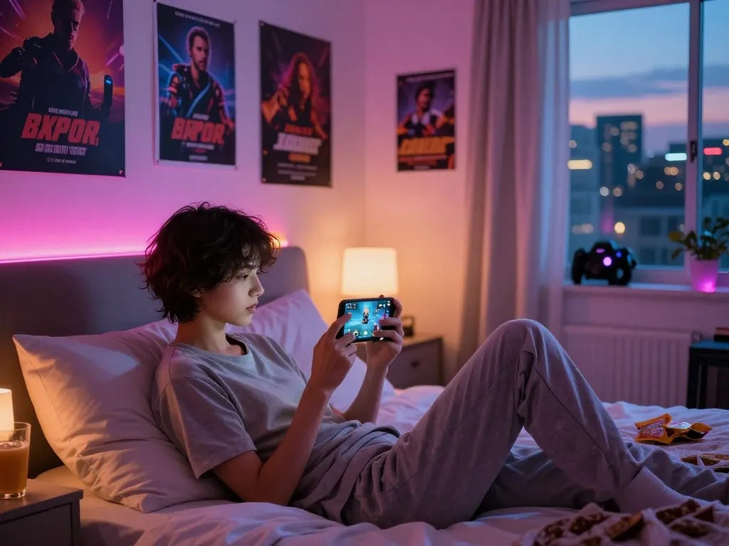 Engaged gamer playing a mobile porn game in a cozy bedroom atmosphere.