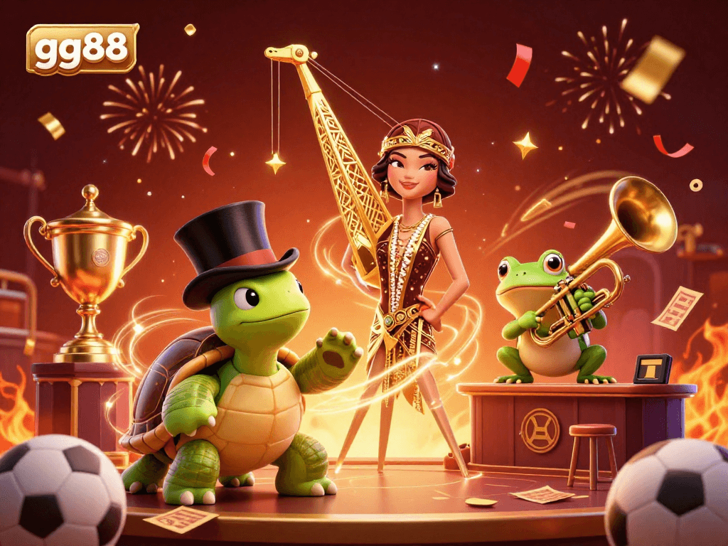 Bet on sports with gg88 - Join a vibrant scene of fun and excitement with sports elements and characters.
