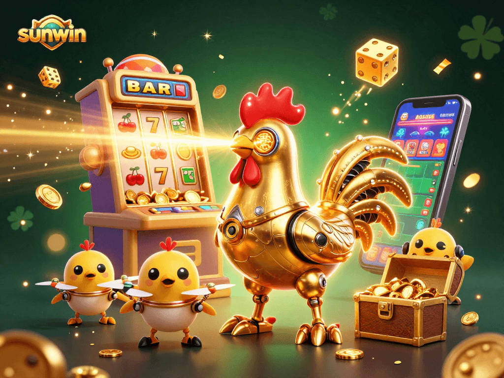 Win big with sunwin as the golden rooster robot and chick drones celebrate a jackpot explosion.