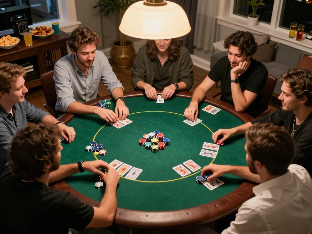 Engaging friends in a poker game using the oxbet app in a cozy home setting.