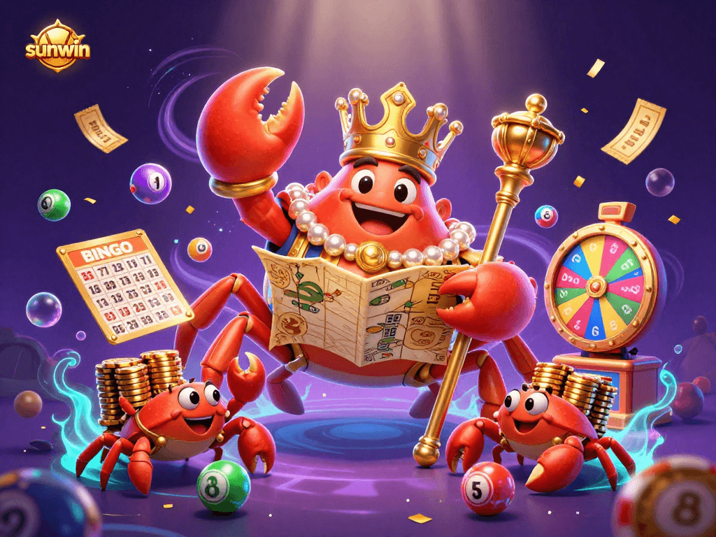 Join the sunwin festivities with vibrant lottery balls and crab emperors in an exciting casino scene.