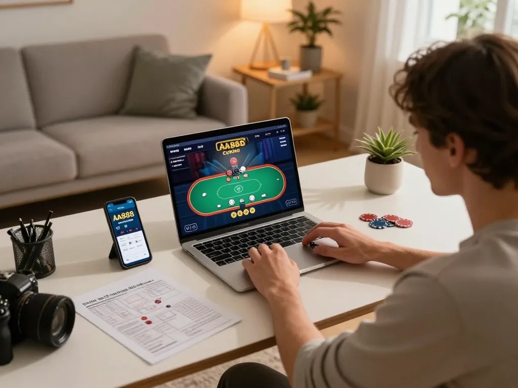 Player engaging in online poker at AA888 casino app with strategic notes.