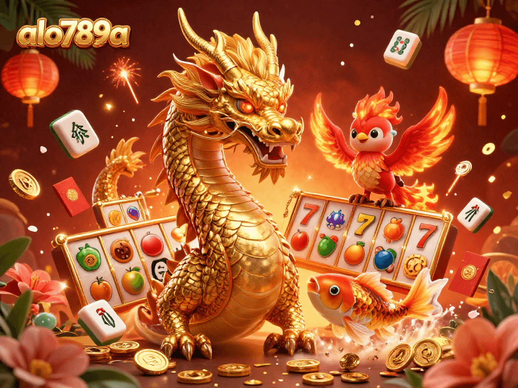 Experience excitement with alo789a's vivid casino scene featuring a golden dragon, phoenix, and koi fish.