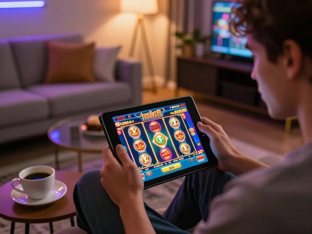 Engaged mk8 online player strategizing in a stylish home casino setup.