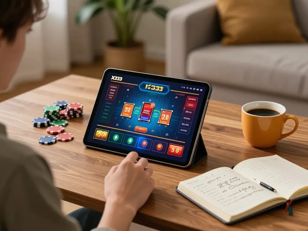 Engaging in online gambling on X333 with tablet showing casino games and strategic notes at home.