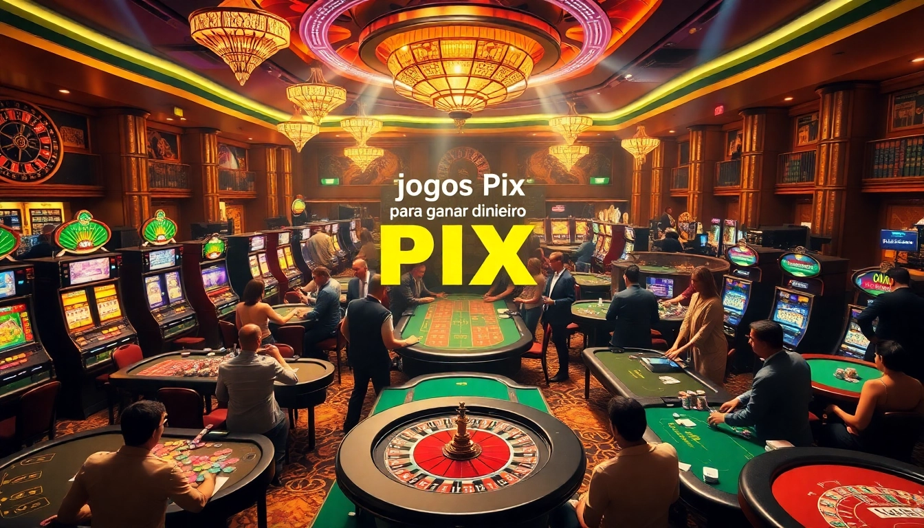 Cena de cassino envolvente mostrando vários jogos como 'jogos Pix para ganhar dinheiro' com energia vibrante e empolgação.