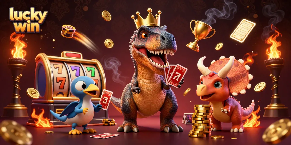 Join the fun with the lucky win characters as they shuffle cards in this vibrant casino scene.