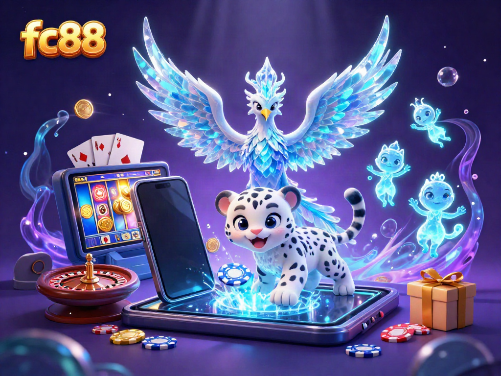 Spin and win at fc88 with colorful slots and vibrant characters in an ice-themed casino.