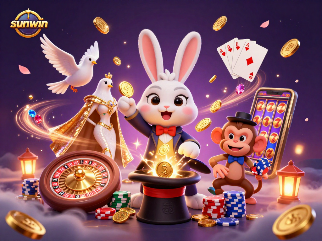 Experience the magic of sunwin with a vibrant illustration of a rabbit, dove, and monkey in a casino setting.