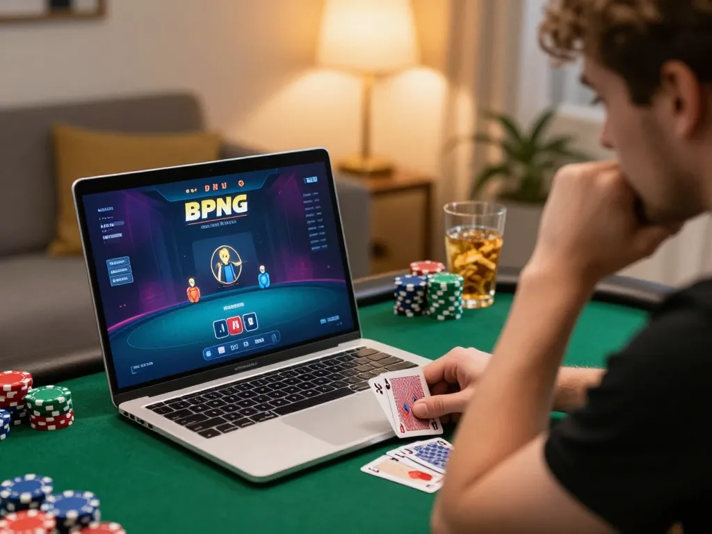 Engaging in kp88 game online poker session at home with laptop and snacks