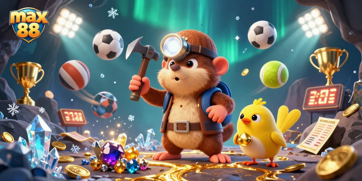 Experience the excitement of max 88 with a vibrant casino scene featuring characters, games, and dazzling prizes.