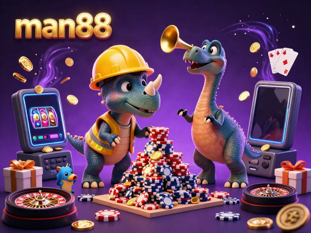 Experience the excitement of man88 with a joyful triceratops and friends celebrating casino winnings among slot games and poker.