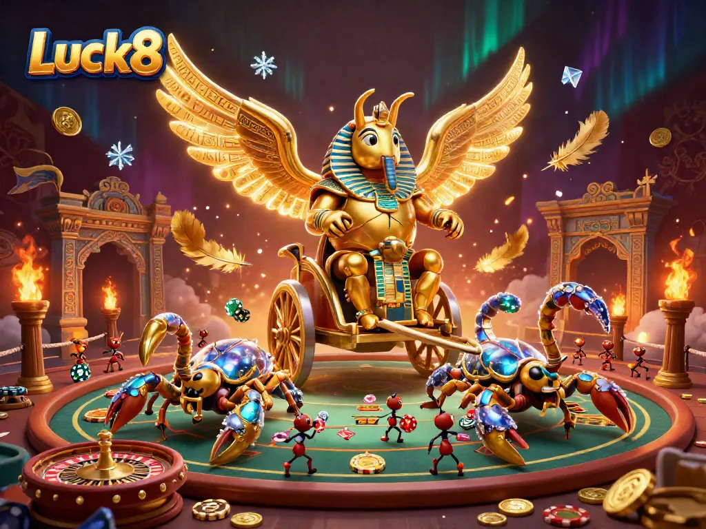 Experience thrilling gameplay at Luck8 featuring a colossal golden beetle and scorpions at a casino scene.