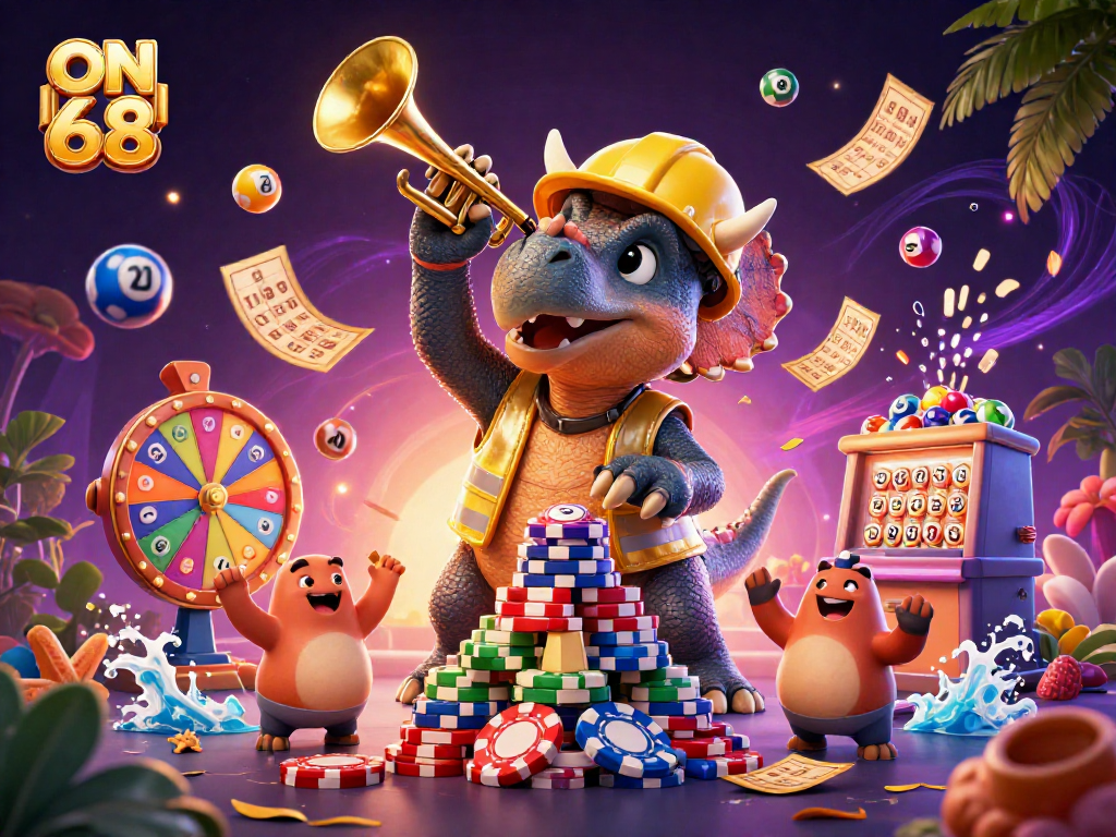 Enjoy the vibrant excitement at ON 68 with a dinosaur-themed casino scene featuring colorful games.