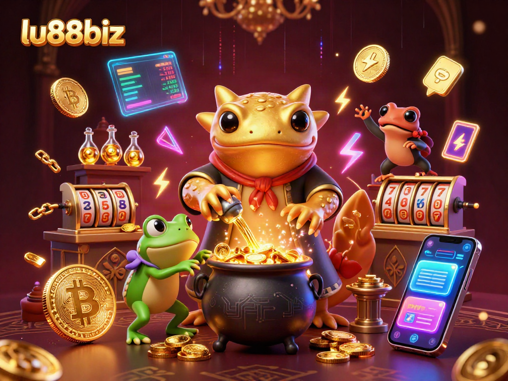 Engage in dynamic 3D casino action with lu88biz, featuring golden alchemy and crypto elements.