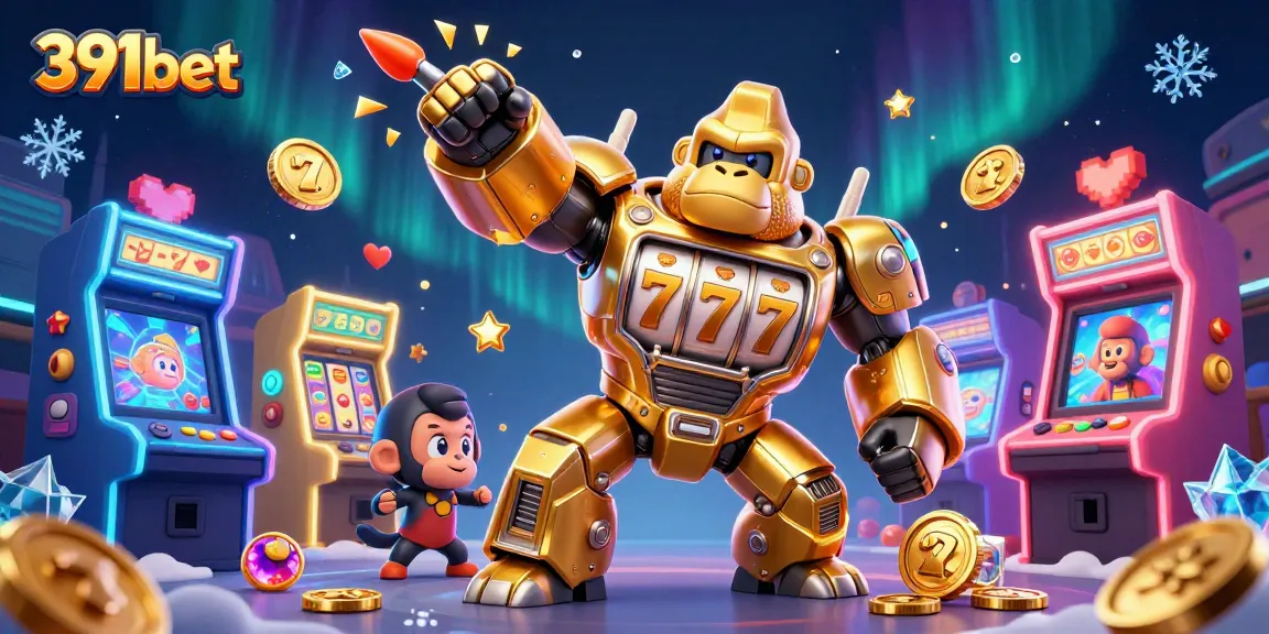 Engage in epic gaming at 391bet with a golden gorilla mech and vibrant slot machines.