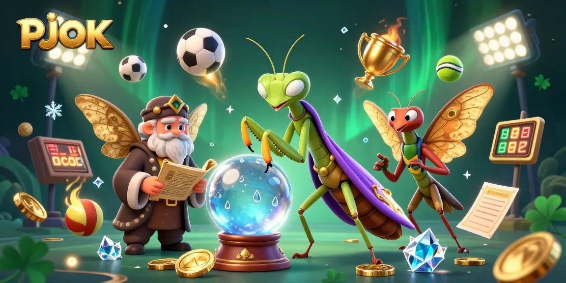 PJOK showcases a mystical scene with a fortune teller and librarian surrounded by sports elements in an engaging online casino setting.
