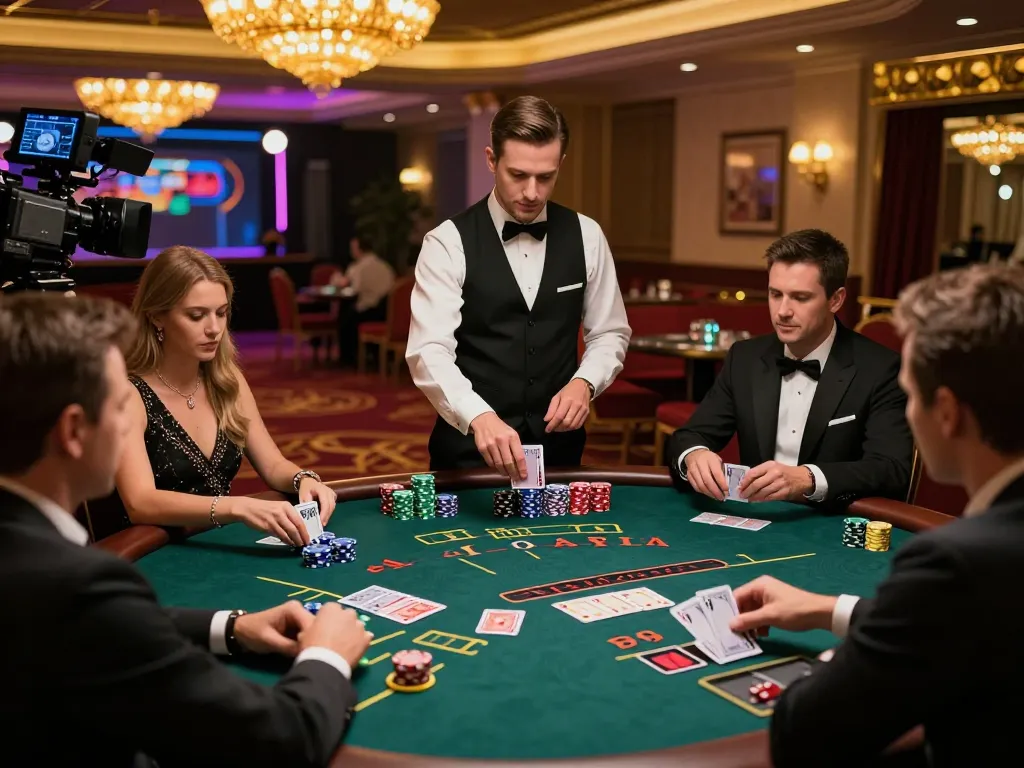 33CC players engage in high-stakes blackjack at a luxurious casino table with vibrant atmosphere