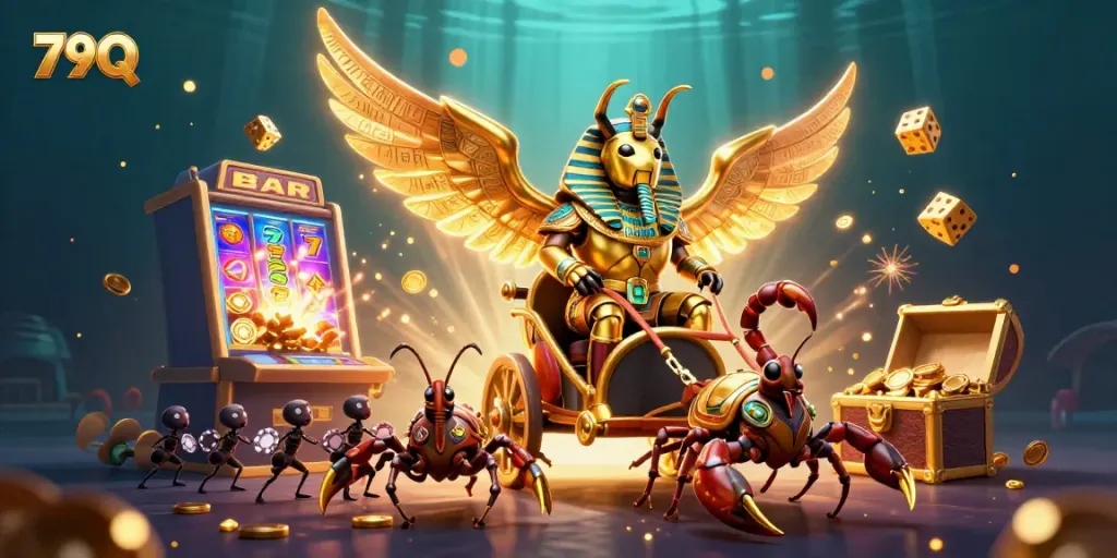 Experience the excitement of 79Q with a vibrant 3D scene showcasing a golden beetle and jackpot celebration.