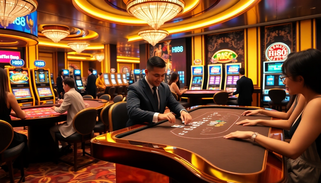 Hi88 casino scene featuring Baccarat tables, engaging players, and vibrant slot machines.