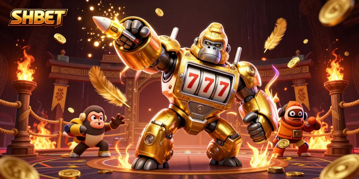 SHBET players engage in thrilling casino adventures with a golden gorilla mech and vibrant elements.